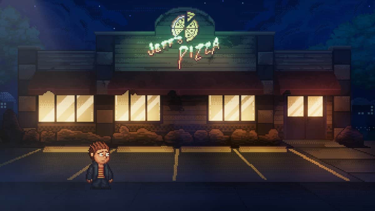 Oswald, personnage en pixel art, seul sur le parking de la pizzeria Jeff's Pizza éclairée la nuit