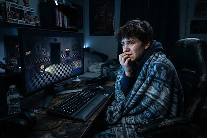 Adolescent emmitouflé dans une couverture, l'air inquiet devant un jeu d'horreur en pixel art sur écran PC