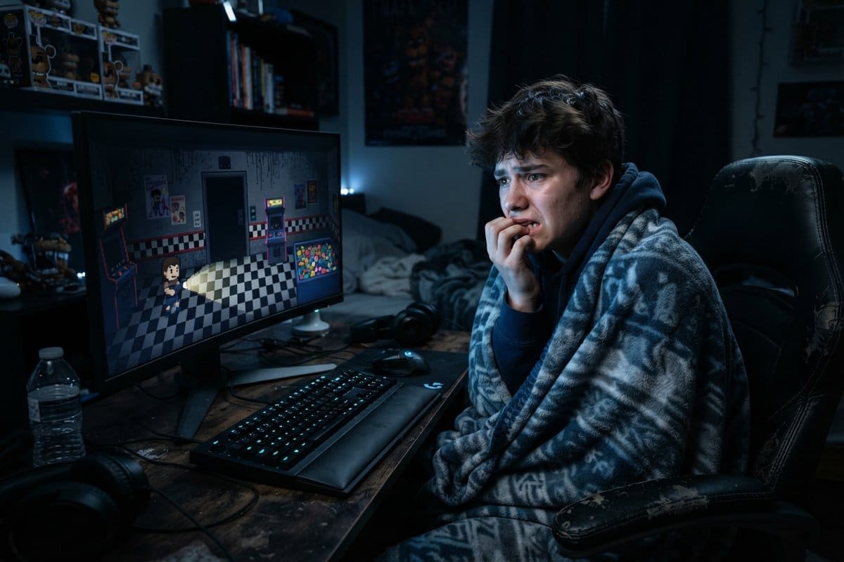 Adolescent emmitouflé dans une couverture, l'air inquiet devant un jeu d'horreur en pixel art sur écran PC