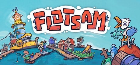 Visuel officiel de Flotsam : ville colorée sur pontons, phare, mouette et logo du jeu sur fond de mer turquoise