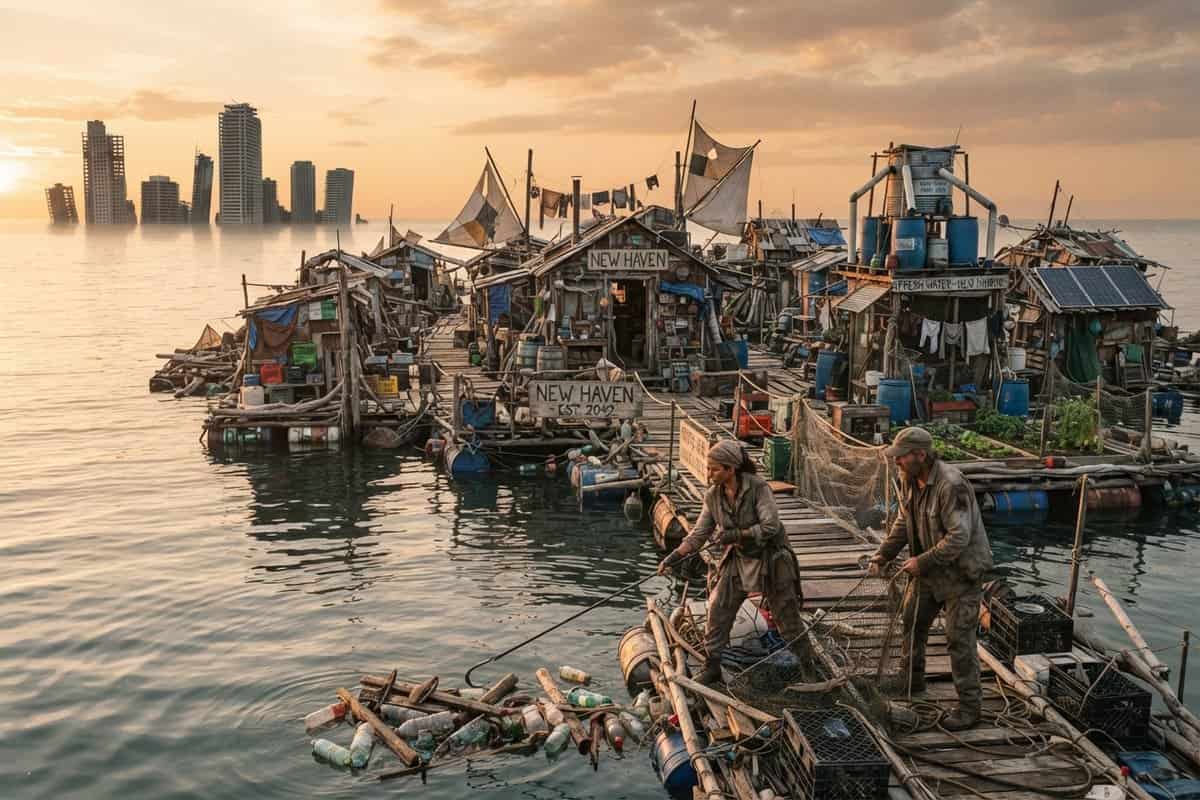 Village flottant fait de cabanes, barils et palettes, deux survivants repêchant des déchets devant des tours englouties
