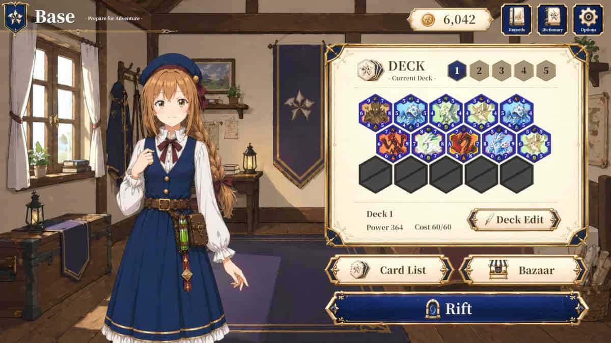 Écran de base de Hex Reverse : l'héroïne Lynette à gauche et un deck de dix cartes hexagonales chiffrées à droite