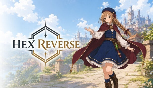 Visuel de Hex Reverse : logo du jeu et héroïne en cape rouge devant une ville fortifiée