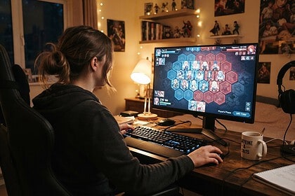 Joueuse vue de dos devant un écran affichant un jeu de cartes sur un plateau d'hexagones bleus et rouges