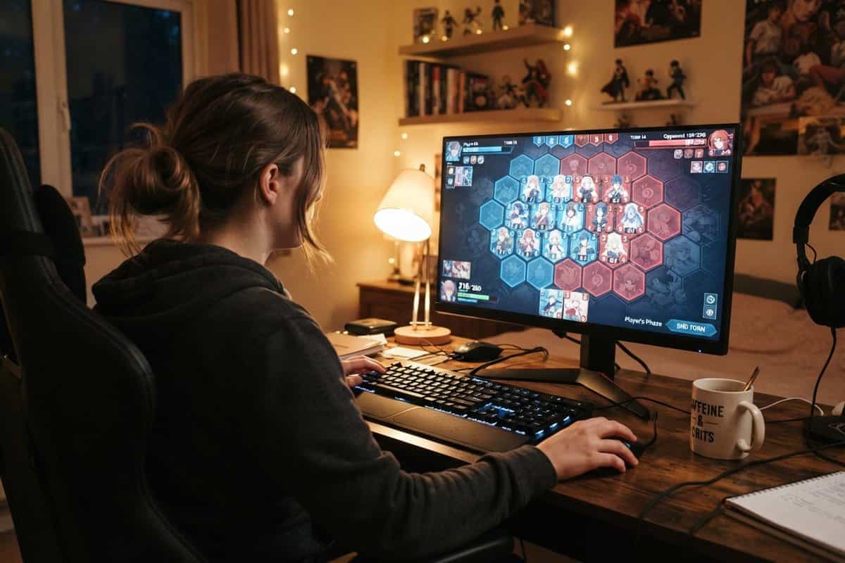 Joueuse vue de dos devant un écran affichant un jeu de cartes sur un plateau d'hexagones bleus et rouges