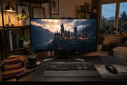 Bureau de joueur PC au crépuscule, écran affichant un château gothique au bord d'un lac, baguette et écharpe rayée