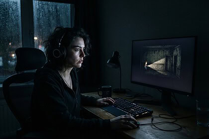 Une joueuse casquée devant un écran affichant un personnage en pixel art muni d'une lampe torche dans un couloir sombre