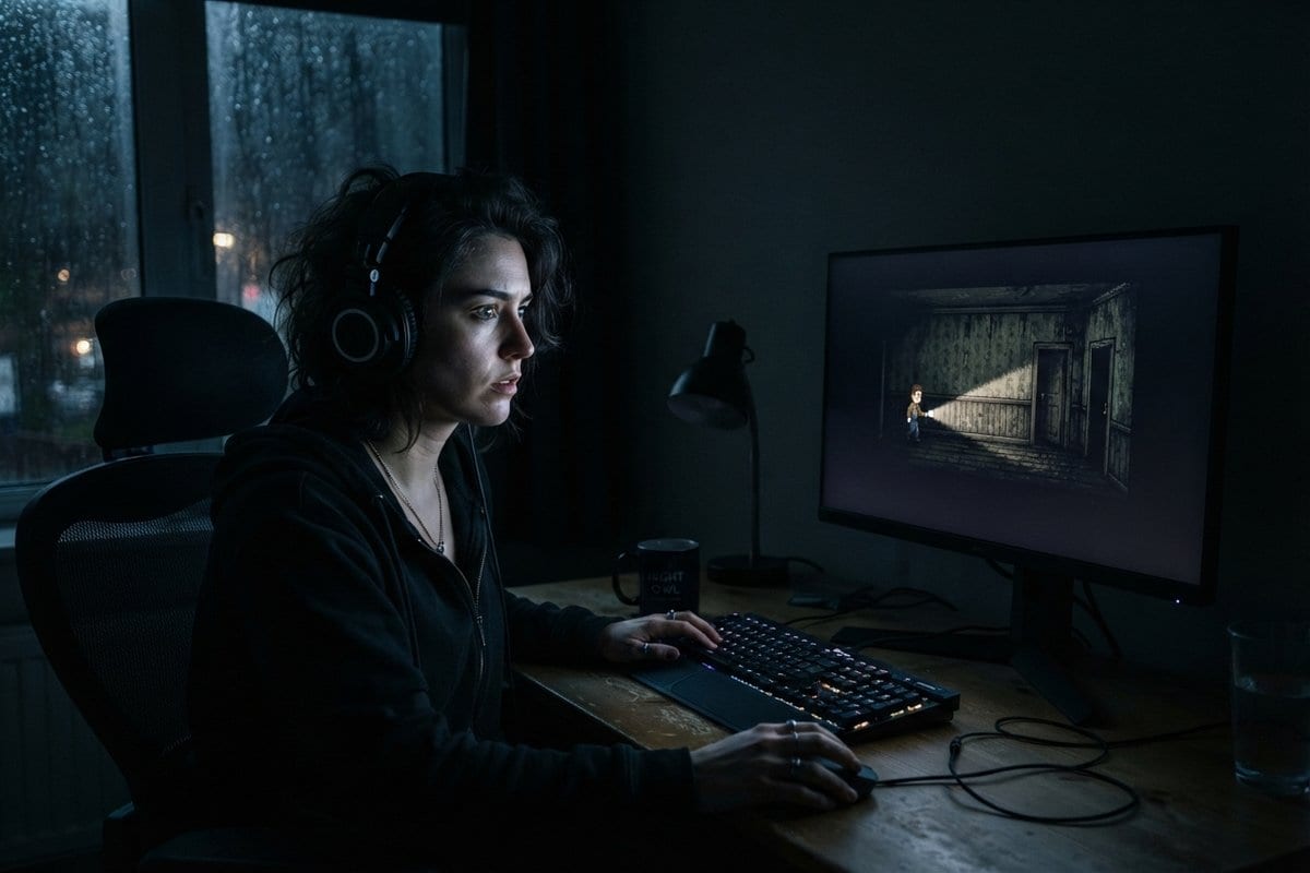 Une joueuse casquée devant un écran affichant un personnage en pixel art muni d'une lampe torche dans un couloir sombre