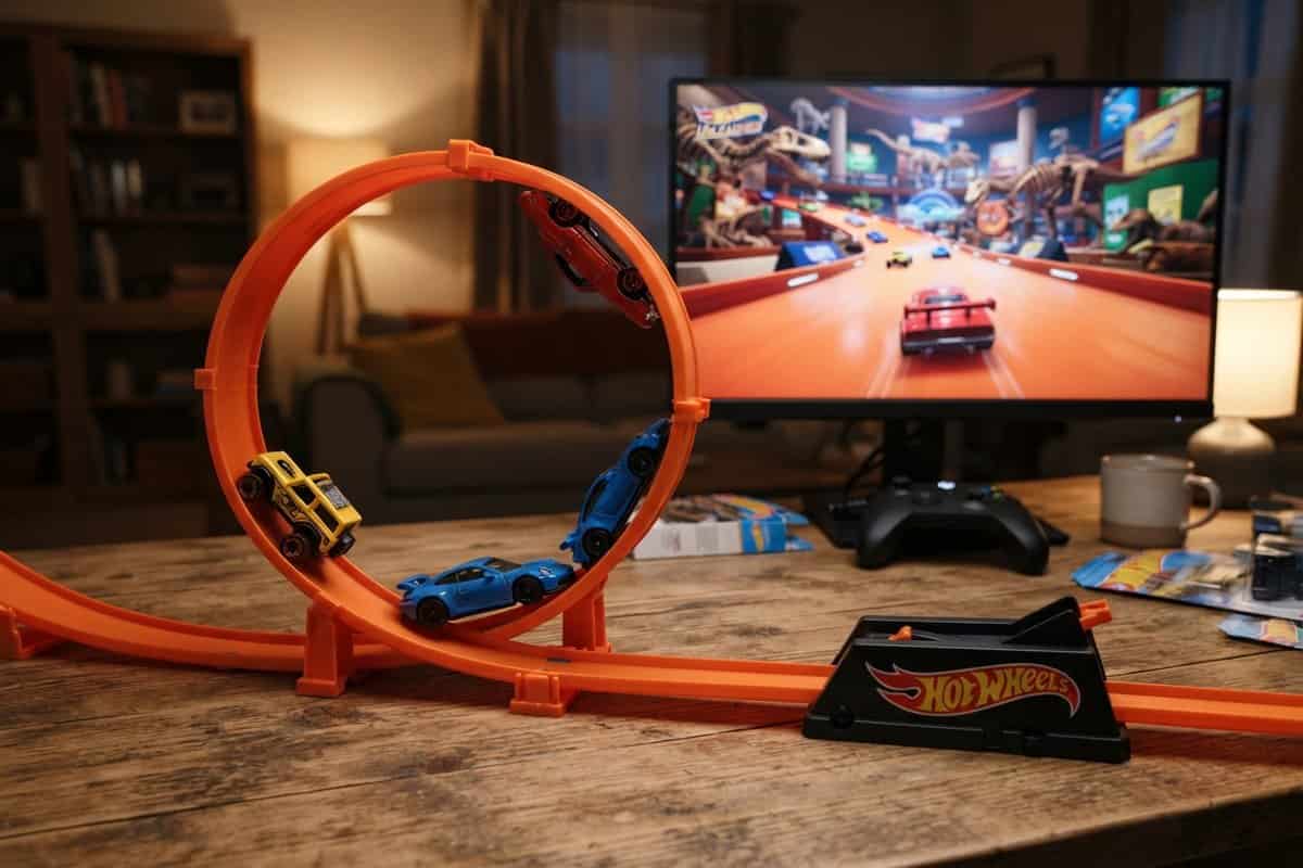 Circuit orange Hot Wheels avec looping et petites voitures sur un bureau, devant un écran PC affichant un jeu de course