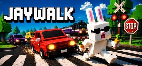 Visuel officiel de JAYWALK : un lapin blanc à lunettes court devant une voiture rouge sur un passage piéton