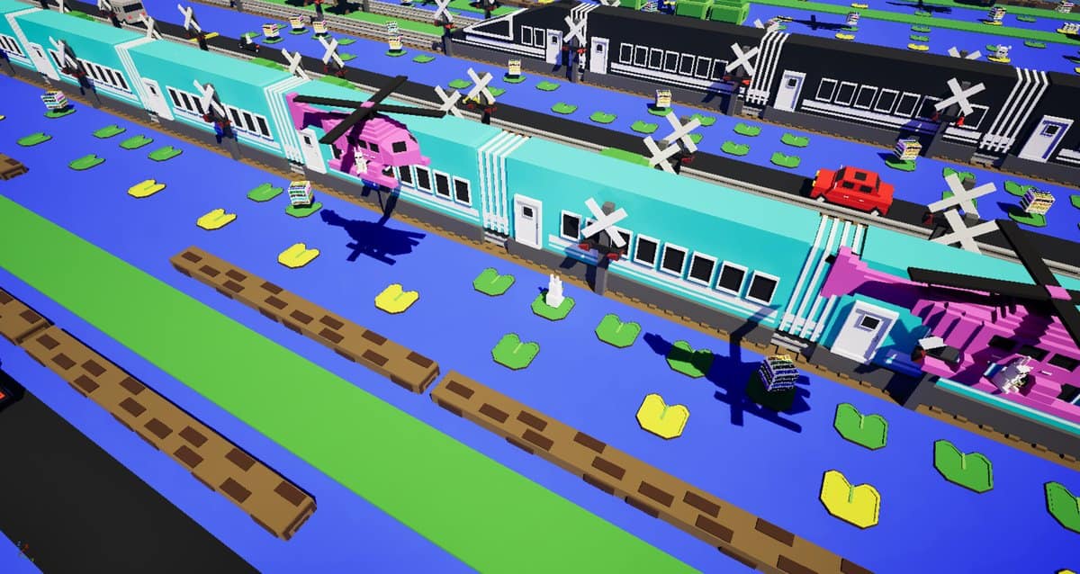 Capture de JAYWALK : voies ferrées, trains en voxels et rivière parsemée de nénuphars