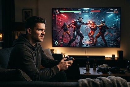 Un joueur sur un canapé, manette en main, face à un téléviseur où un cyborg frappe des détenus en combinaison orange
