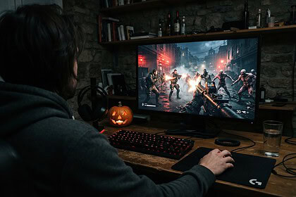 Joueur de dos devant un écran de PC où des mercenaires affrontent une horde de créatures, citrouille d'Halloween sur le bureau