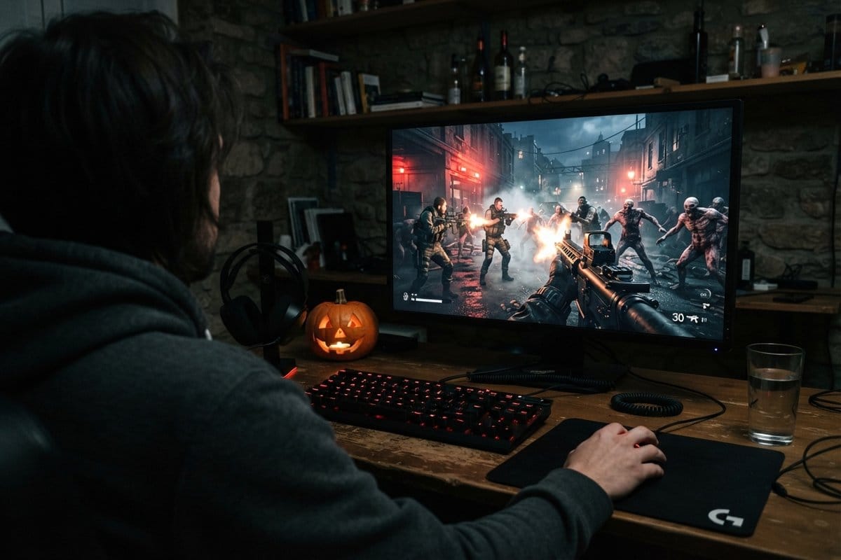 Joueur de dos devant un écran de PC où des mercenaires affrontent une horde de créatures, citrouille d'Halloween sur le bureau