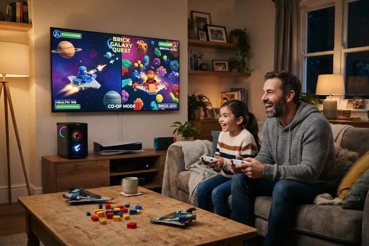 Un père et sa fille rient sur un canapé, manettes en main, devant un jeu spatial en briques en écran partagé