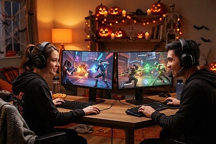 Deux joueurs casqués face à leurs écrans de jeu de tir en équipe, dans un salon décoré de citrouilles d'Halloween