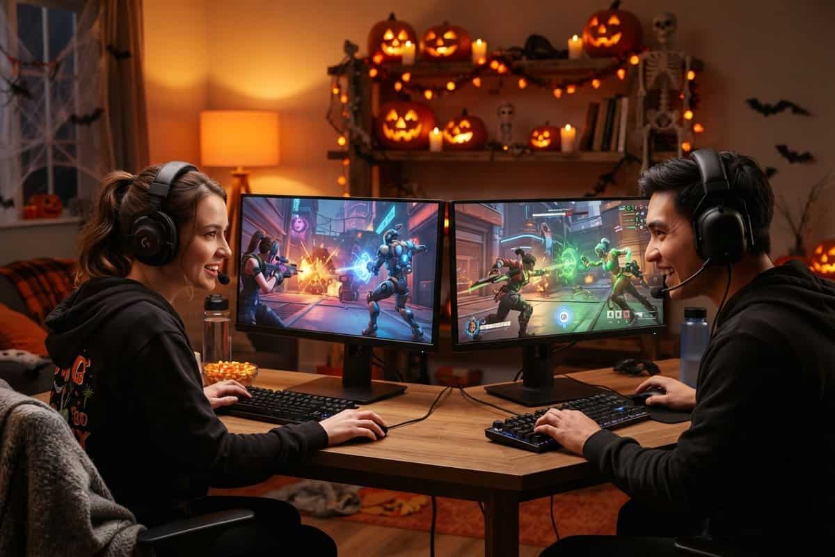 Deux joueurs casqués face à leurs écrans de jeu de tir en équipe, dans un salon décoré de citrouilles d'Halloween