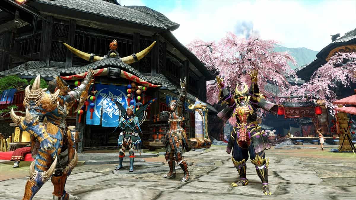 Quatre chasseurs en armure devant des bâtiments de style japonais et des cerisiers en fleurs