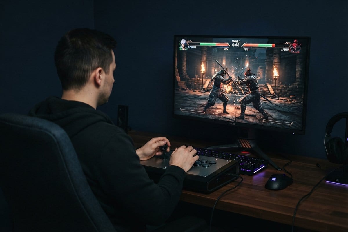 Joueur devant un écran affichant un jeu de combat en 3D, les mains sur un stick arcade posé sur un bureau