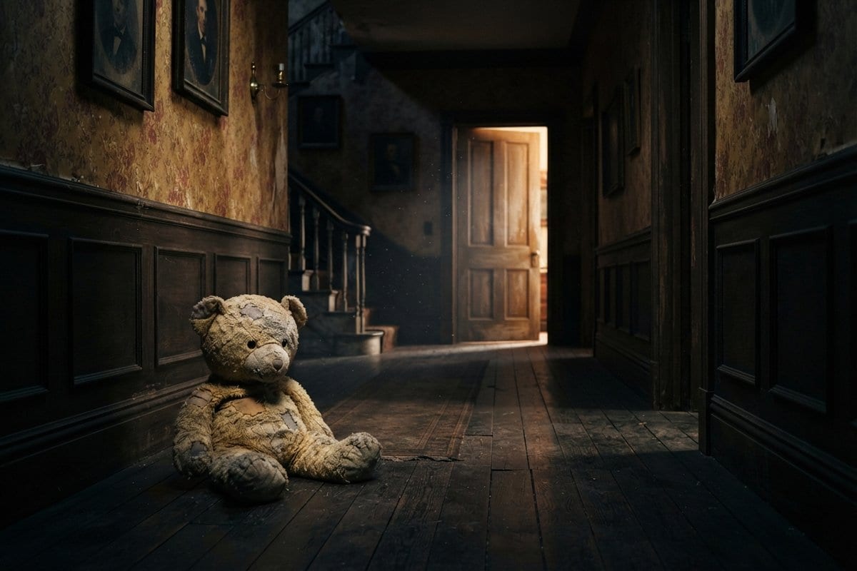Ours en peluche usé assis sur le parquet d'un couloir de manoir sombre, une porte entrouverte éclairée au fond