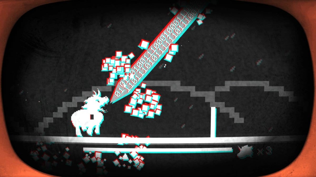 Poney blanc en pixels attaqué par une épée de code binaire sur un écran cathodique noir et blanc