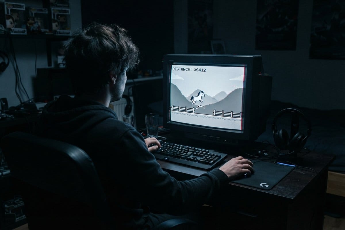 Joueur de dos devant un écran cathodique affichant un poney blanc en pixels qui saute une barrière, dans une chambre sombre