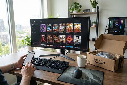 Bureau de joueur avec un écran affichant une bibliothèque de jeux PC et un carton de livraison Amazon ouvert