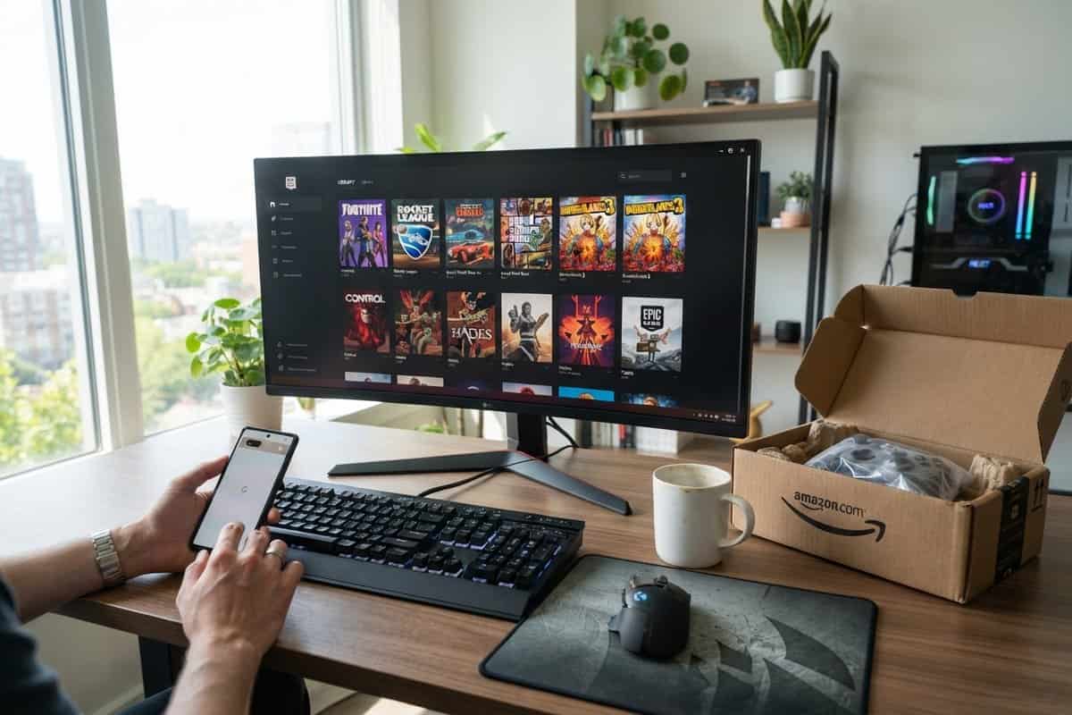 Bureau de joueur avec un écran affichant une bibliothèque de jeux PC et un carton de livraison Amazon ouvert