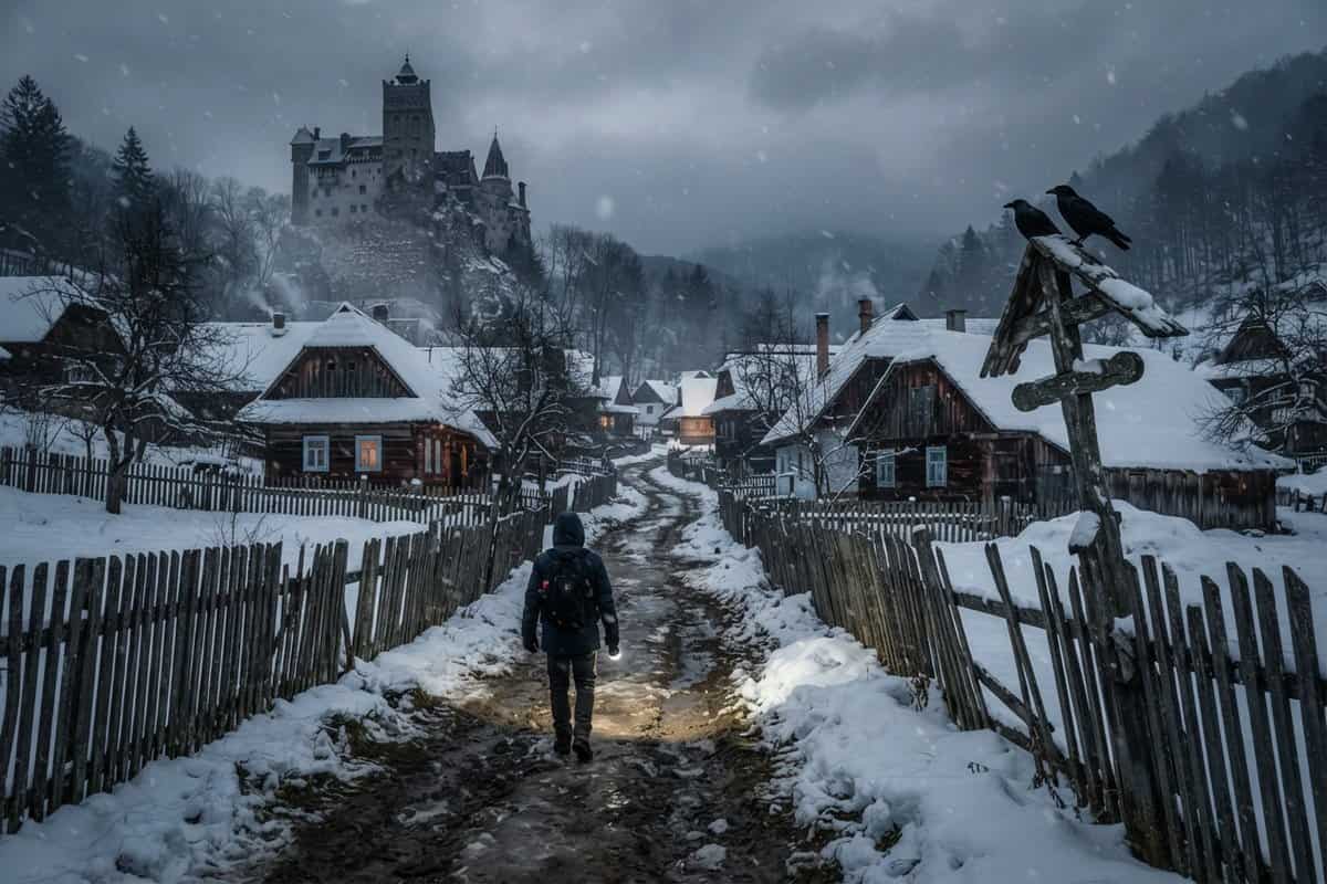 Village enneigé au crépuscule, un homme muni d'une lampe torche marche vers un château perché