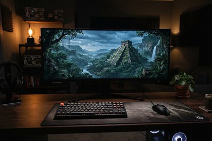 Écran incurvé affichant une pyramide maya dans la jungle, sur un bureau de joueur avec clavier rétroéclairé