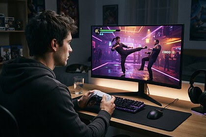 Joueur manette en main devant un écran affichant un combat de kung-fu dans une boîte de nuit aux néons violets