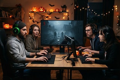 Quatre joueurs casqués face à un écran montrant des morts-vivants dans une rue brumeuse, salon décoré pour Halloween