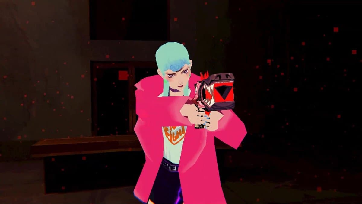 Michelle, cheveux turquoise et manteau rose, braque une arme en forme de mâchoire dans un décor sombre