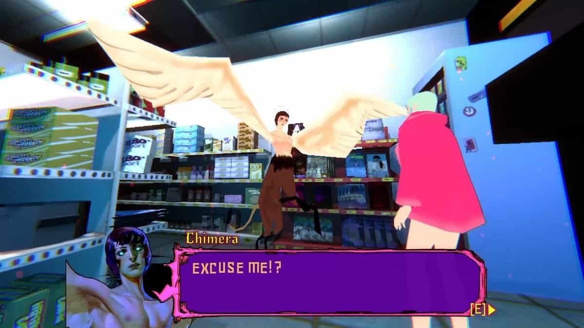 Un ange aux grandes ailes interpelle Michelle dans les rayons d'une supérette, boîte de dialogue « Chimera »