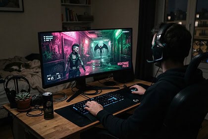 Joueur casqué devant un écran PC affichant un jeu d'horreur aux néons roses et verts, avec un démon ailé au fond