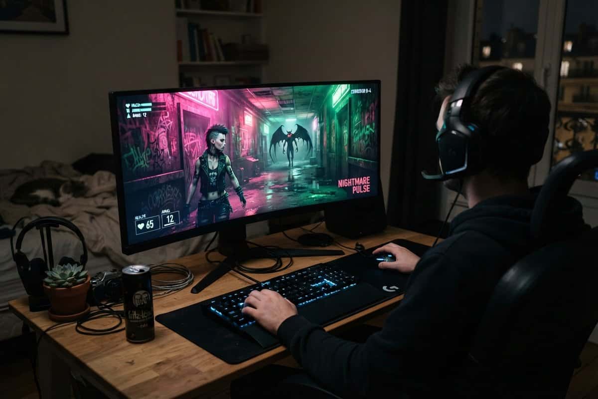 Joueur casqué devant un écran PC affichant un jeu d'horreur aux néons roses et verts, avec un démon ailé au fond