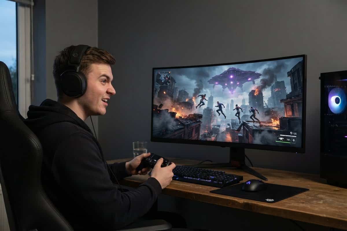 Joueur souriant, manette en main, devant un écran montrant quatre personnages qui sautent entre des toits sous un vaisseau extraterrestre