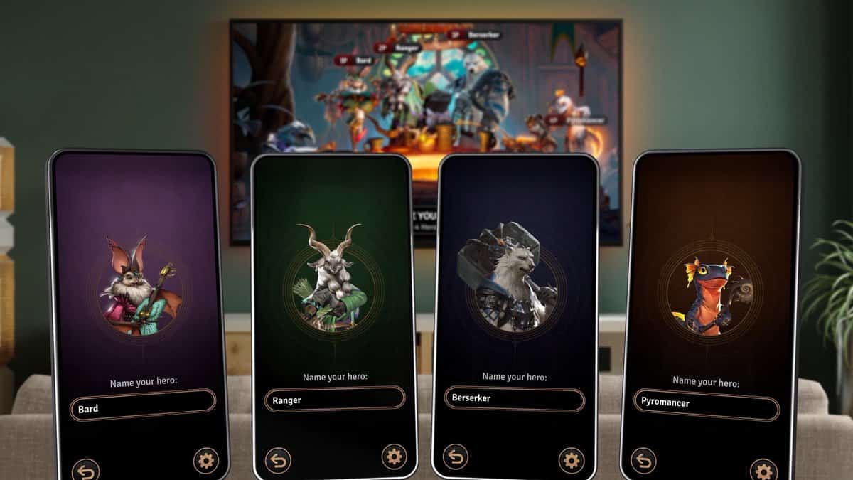 Quatre smartphones affichant les héros Barde, Rôdeur, Berserker et Pyromancien devant une télévision