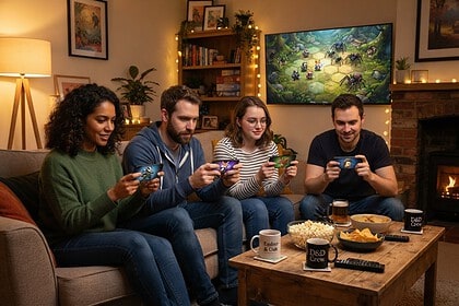 Quatre amis sur un canapé jouent avec leur smartphone devant une télévision affichant un plateau de jeu tactique