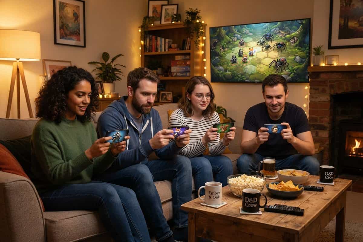Quatre amis sur un canapé jouent avec leur smartphone devant une télévision affichant un plateau de jeu tactique