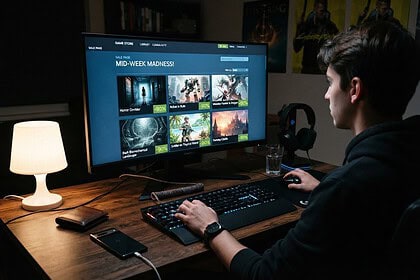 Joueur devant un écran de boutique en ligne affichant six jeux remisés de 90 %, clavier rétroéclairé et lampe de bureau