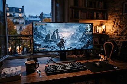 Bureau gaming devant une fenêtre parisienne au crépuscule, l'écran montrant un guerrier face à des ruines enneigées