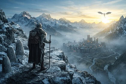 Aventurier en cape de fourrure sur une crête enneigée, face à une forteresse dans la vallée et un dragon au loin