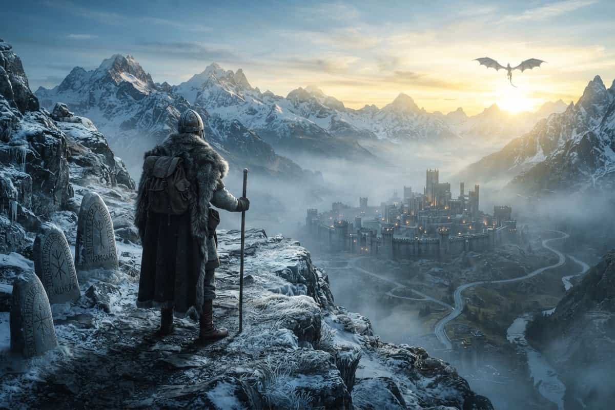 Aventurier en cape de fourrure sur une crête enneigée, face à une forteresse dans la vallée et un dragon au loin