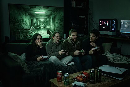 Quatre amis manette en main sur un canapé, effrayés devant un couloir d'asile en vision nocturne à l'écran