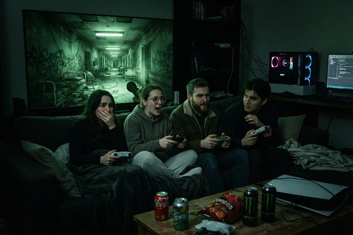 Quatre amis manette en main sur un canapé, effrayés devant un couloir d'asile en vision nocturne à l'écran