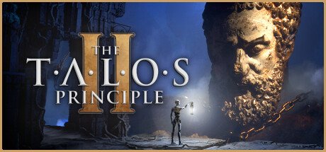 Jaquette de The Talos Principle 2 avec un robot tenant une lanterne face à une tête de statue géante