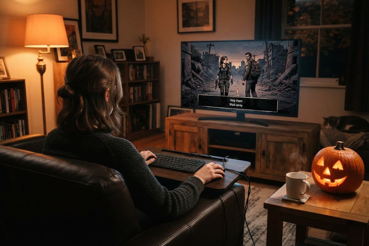Joueuse de dos dans un fauteuil devant un écran affichant un jeu post-apocalyptique dessiné, citrouille d'Halloween à côté