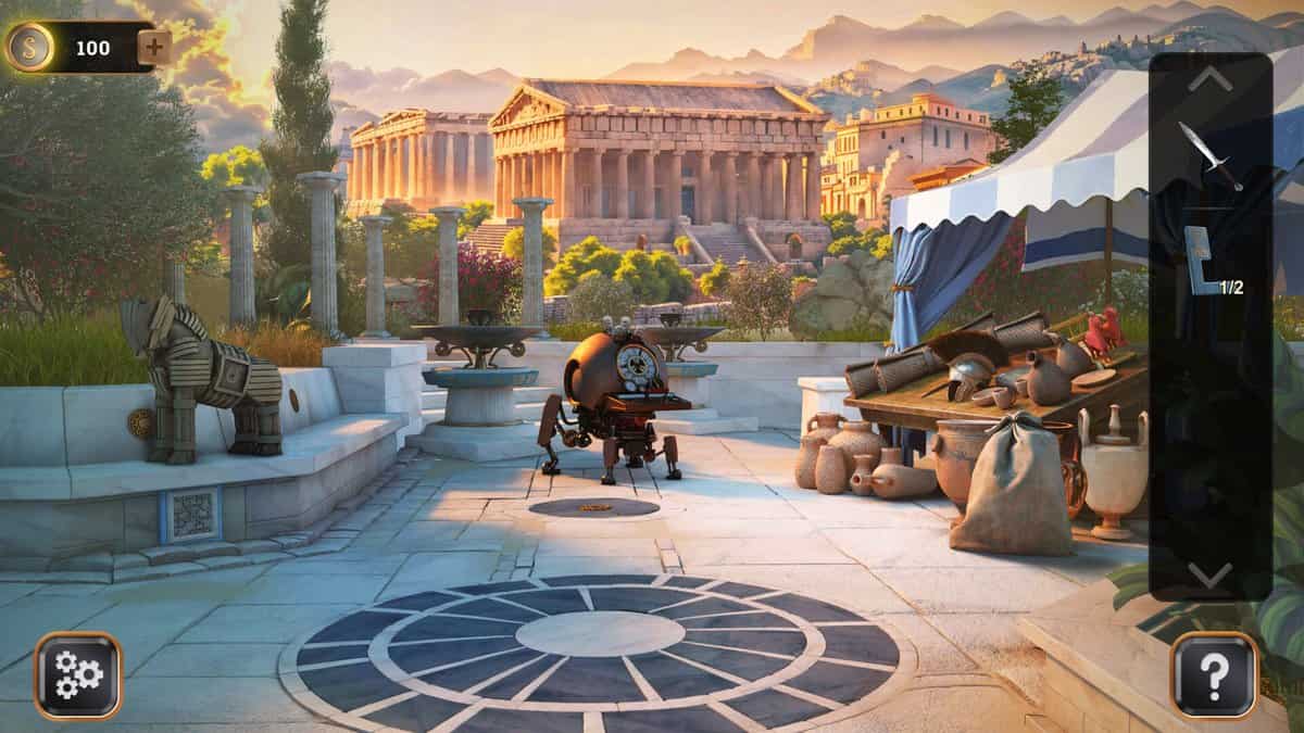 Salle de Time Travel: Escape Room Game en Grèce antique, petit robot sur une place dallée devant un temple
