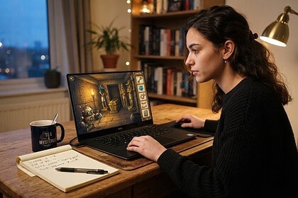 Joueuse devant un ordinateur portable affichant une tombe égyptienne dans un jeu d'évasion, carnet d'indices sur le bureau